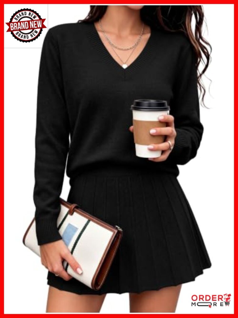 Women's 2 Piece Skirt Set V-Neck Long Sleeve Sweater & Pleated Mini Skirt